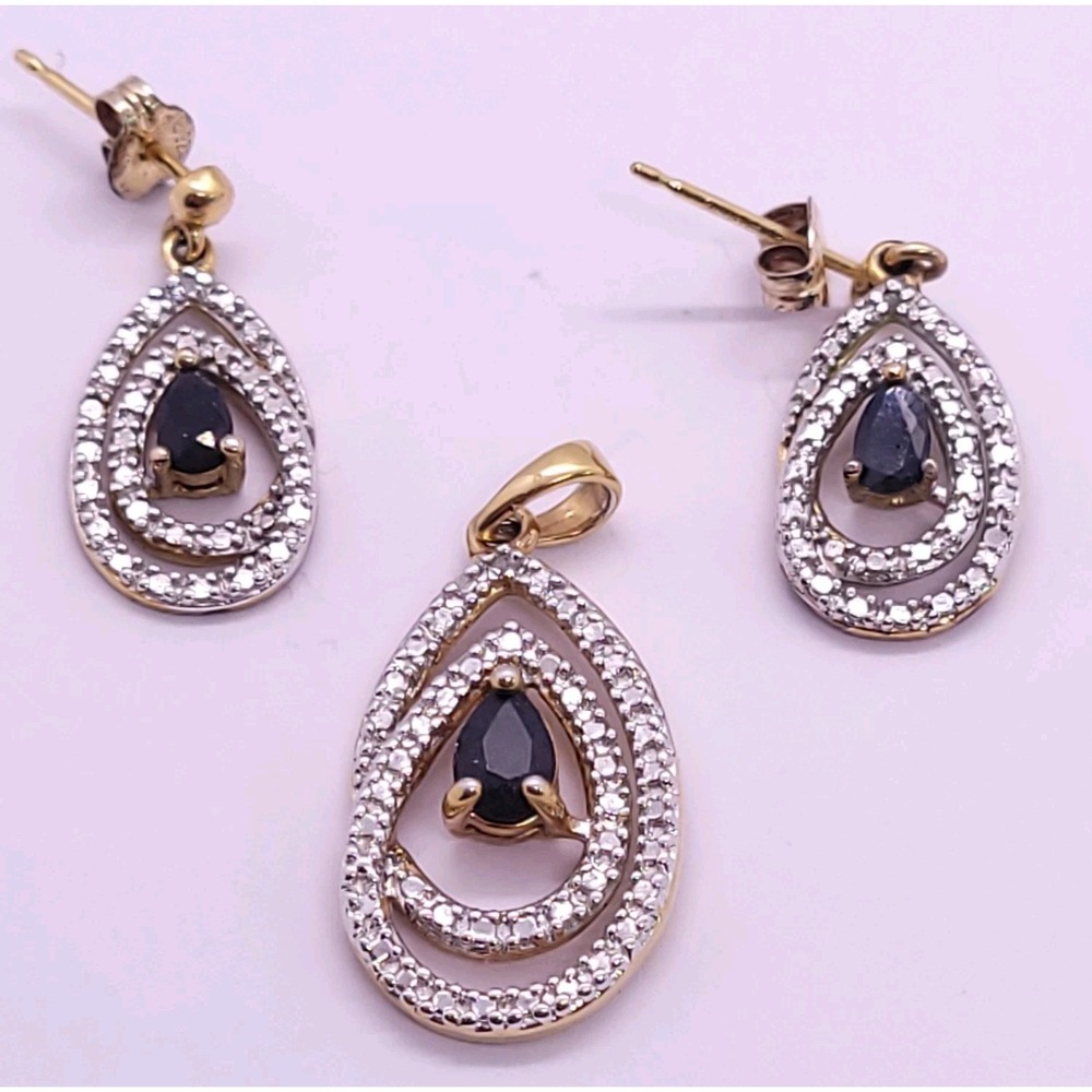 B 925 China Sterling Silver Sapphire Diamond Accent Pendant Earrings Set